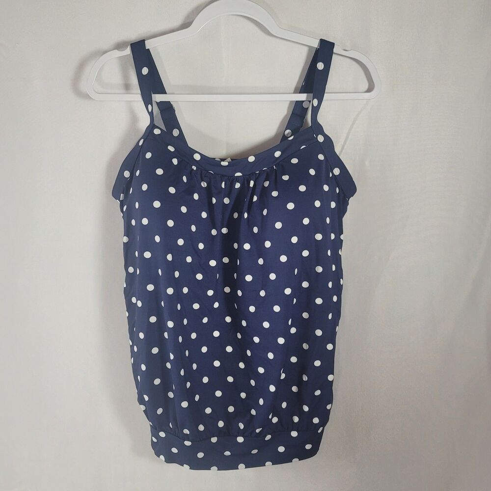 Lands' End Navy Blue Polka Dot Blouson Tankini Swim Top Size 8 DDD Tummy Hiding